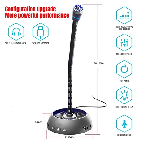 USB Micrófono de grabación con mando de silencio, computadora de micrófono de cancelación de ruido omnidireccional con Rgb PLUGADO DE LUZ Y PLAYA COMPUTADORA DE COMPUTADORA for GRABACIÓN DE GUDIZO, PU