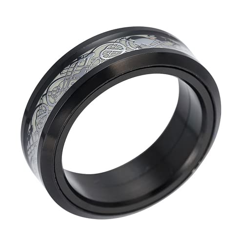 USUASI Anillo de acero inoxidable 316L de 8 mm para hombre y aliviar el estrés giratorio luminoso negro crudo, cadena surco azul/plata fibra de carbono cepillado titanio acero carburo anillo boda