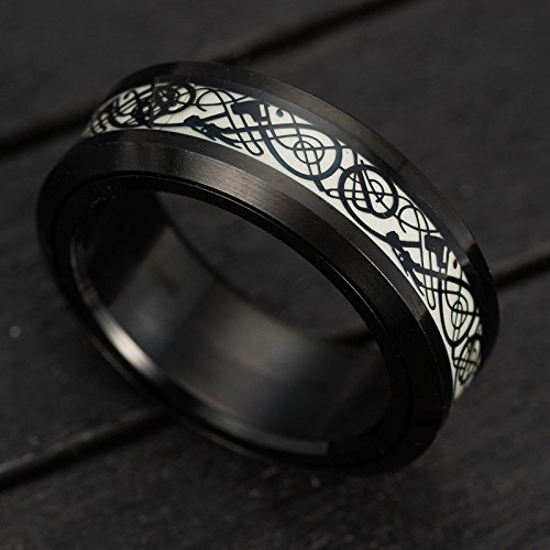 USUASI Anillo de acero inoxidable 316L de 8 mm para hombre y aliviar el estrés giratorio luminoso negro crudo, cadena surco azul/plata fibra de carbono cepillado titanio acero carburo anillo boda