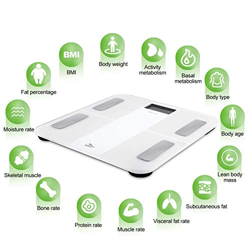 Uten Báscula de Baño Inteligente Recargable Báscula de Grasa Corporal con Analizador de Cuerpo Para Medición del Peso Corporal, Grasa Corporal,etc, 28st/180kg, para Andriod y iOS, Bluetooth,Blanco