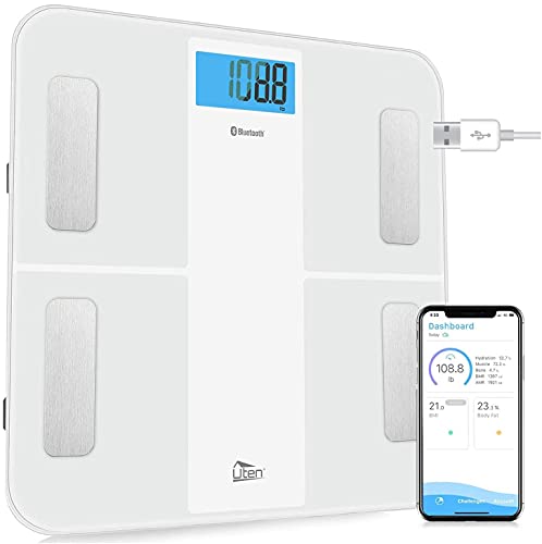 Uten Báscula de Baño Inteligente Recargable Báscula de Grasa Corporal con Analizador de Cuerpo Para Medición del Peso Corporal, Grasa Corporal,etc, 28st/180kg, para Andriod y iOS, Bluetooth,Blanco