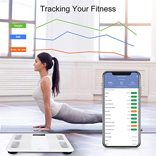 Uten Báscula de Baño Inteligente Recargable Báscula de Grasa Corporal con Analizador de Cuerpo Para Medición del Peso Corporal, Grasa Corporal,etc, 28st/180kg, para Andriod y iOS, Bluetooth,Blanco