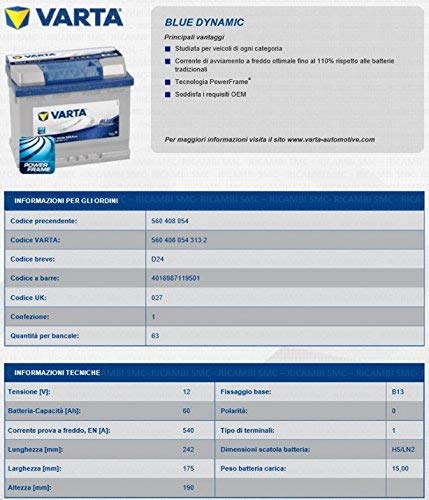 Varta D24 Blue Dynamic Batería de arranque 5604080543132 12V 60Ah 540A