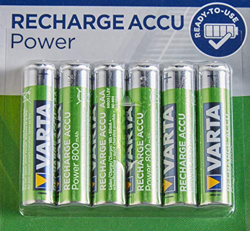VARTA Recharge Accu Power, recargable - Pilas de NiMH AAA Micro (paquete de 6 unidades, 800 mAh) - Recargables sin efecto de memoria - Listo para usar