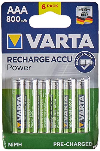 VARTA Recharge Accu Power, recargable - Pilas de NiMH AAA Micro (paquete de 6 unidades, 800 mAh) - Recargables sin efecto de memoria - Listo para usar