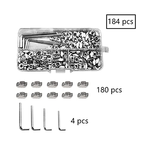 Vasemele T-Nut 184 Piezas T Tuercas M3 M4 M5 Rosca T-Ranura Tuerca Tuerca en T Tuercas de Cabeza de Martillo Acero de Carbono Niquelado T-Nut con 4 Llaves Allen para 2020 Series Perfil de Aluminio