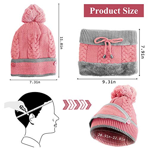 VDSOW Conjunto de gorro y bufanda para mujer, bufandas de invierno de punto rosa con máscara a prueba de viento