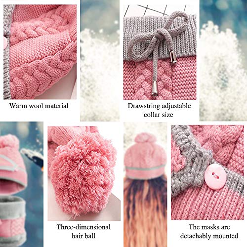 VDSOW Conjunto de gorro y bufanda para mujer, bufandas de invierno de punto rosa con máscara a prueba de viento