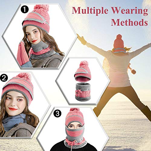 VDSOW Conjunto de gorro y bufanda para mujer, bufandas de invierno de punto rosa con máscara a prueba de viento