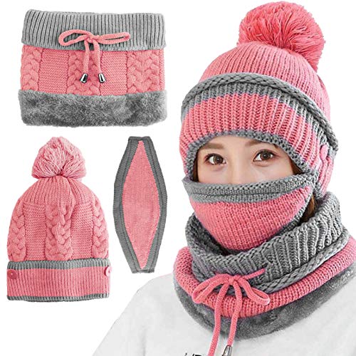 VDSOW Conjunto de gorro y bufanda para mujer, bufandas de invierno de punto rosa con máscara a prueba de viento