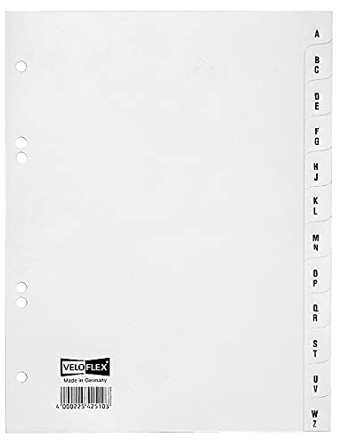 VELOFLEX 4251000 - Separadores (12 unidades, DIN A5, lámina de polipropileno, perforación: 45 x 65 x 45 + 80 mm, A - Z), color blanco