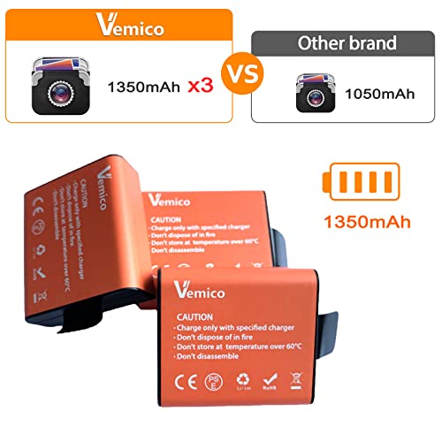 Vemico Action CAM Batería 3 Pack 1350mAh Baterías de Recambio USB LED Cargador Dual para Action CAM Apeman/Campark/Dbpower/Nexgadget/Campark ACT74/Eken/Wimius/SJ4000 SJ5000/Lightdow CAM Cámara