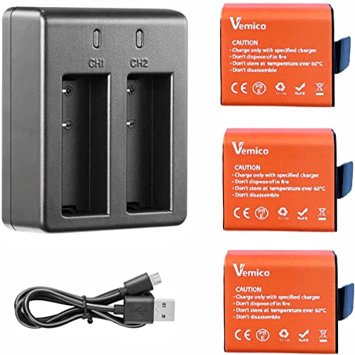 Vemico Action CAM Batería 3 Pack 1350mAh Baterías de Recambio USB LED Cargador Dual para Action CAM Apeman/Campark/Dbpower/Nexgadget/Campark ACT74/Eken/Wimius/SJ4000 SJ5000/Lightdow CAM Cámara