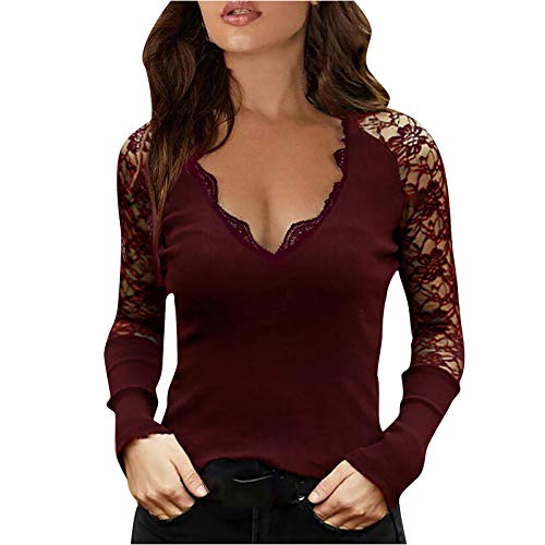 VEMOW Blusas y Camisas de Manga Larga para Mujer con Cuello en V Profundo Tops, 2021 Moda Casual Diario Elegante Encaje Fiesta Sexy Camiseta Blusas Básica Camiseta Slim Fit Top Jersey tee(A Rojo,M)