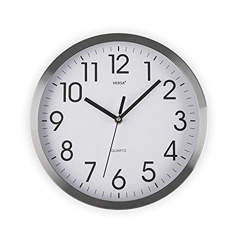 Versa Enkel Reloj de Pared Silencioso Decorativo para la Cocina, el Salón, el Comedor o la Habitación, Estilo Moderno, Medidas (Al x L x An) 30,5 x 4,1 x 30,5 cm, Aluminio, Color Blanco y Plateado