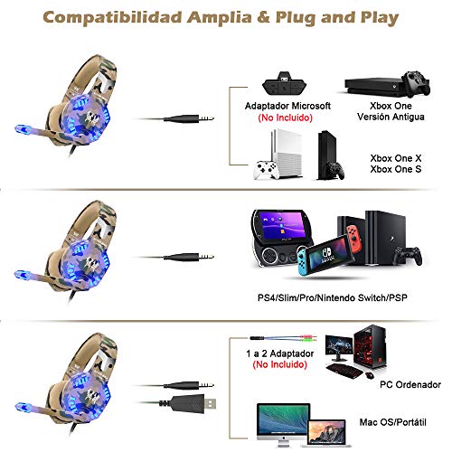 VersionTECH. Auriculares Gaming con Microfono de Diadema-Bass OverEar 3.5mm Jack,Luz LED,Volumen Control,Bajo Ruido para PS5/Nueva Xbox One/Nintendo Switch/PC/Ordenador Portátil /Móvil(Camuflaje)