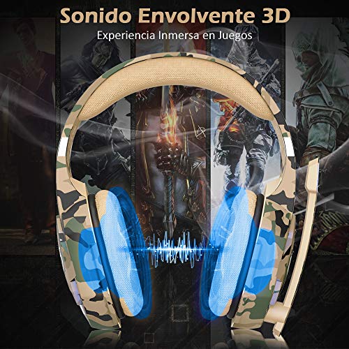 VersionTECH. Auriculares Gaming con Microfono de Diadema-Bass OverEar 3.5mm Jack,Luz LED,Volumen Control,Bajo Ruido para PS5/Nueva Xbox One/Nintendo Switch/PC/Ordenador Portátil /Móvil(Camuflaje)