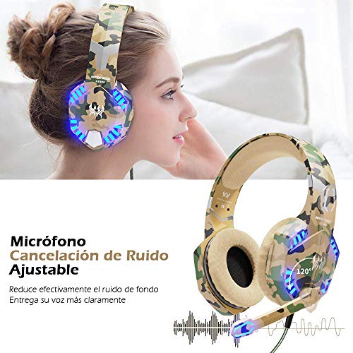 VersionTECH. Auriculares Gaming con Microfono de Diadema-Bass OverEar 3.5mm Jack,Luz LED,Volumen Control,Bajo Ruido para PS5/Nueva Xbox One/Nintendo Switch/PC/Ordenador Portátil /Móvil(Camuflaje)