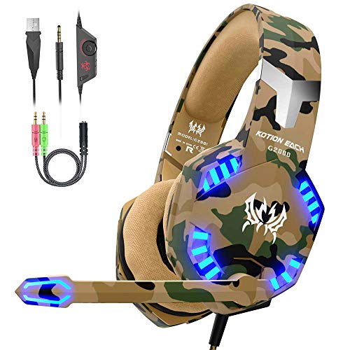 VersionTECH. Auriculares Gaming con Microfono de Diadema-Bass OverEar 3.5mm Jack,Luz LED,Volumen Control,Bajo Ruido para PS5/Nueva Xbox One/Nintendo Switch/PC/Ordenador Portátil /Móvil(Camuflaje)