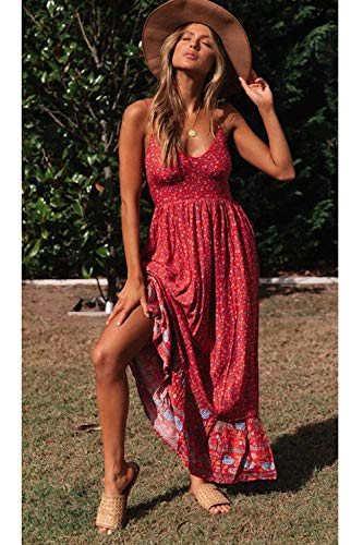 Vestido Maxi Floral para Mujer Vestidos De Playa Bohemios con Tirantes Finos De Verano Rojo L