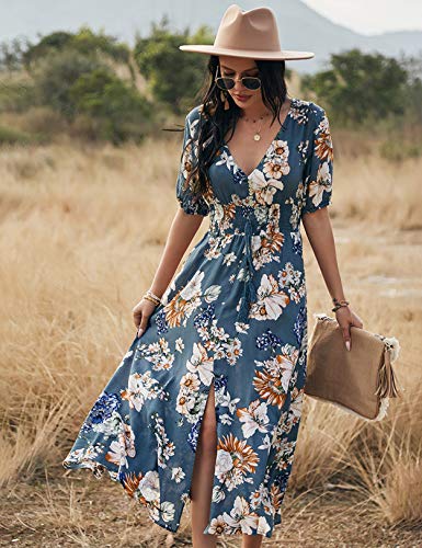 Vestido Mujer Bohemio Largo Verano Playa Fiesta Floral Manga Larga Cuello en V Maxi Vestidos Cóctel Falda Larga Vestido Swing (Bluefloral, x_l)