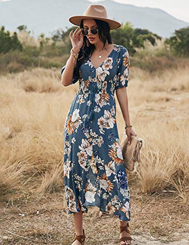 Vestido Mujer Bohemio Largo Verano Playa Fiesta Floral Manga Larga Cuello en V Maxi Vestidos Cóctel Falda Larga Vestido Swing (Bluefloral, x_l)