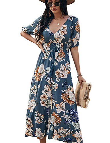 Vestido Mujer Bohemio Largo Verano Playa Fiesta Floral Manga Larga Cuello en V Maxi Vestidos Cóctel Falda Larga Vestido Swing (Bluefloral, x_l)