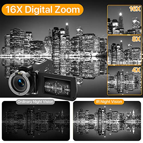 Videocámara, 2.7K Vlogging Cámara para Youtube Videocámara Digital UHD 36MP IR Visión Nocturna Cámara Digital con 3.0" Pantalla táctil 16X con Micrófono, Webcámara, Control Remoto, 2 baterías