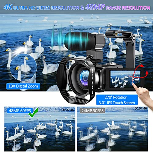 Videocámara 4K Cámara de Video 48MP 60FPS WiFi Videocamara 18X Zoom Digital con IR Versión Nocturna Vlogging Cámara 3.0"IPS Pantalla táctil con micrófono, Parasol, Control Remoto inalámbrico 360°