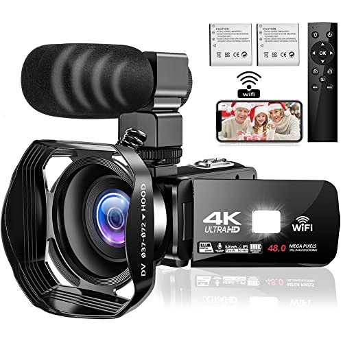 Videocámara 4K Cámara de Video 48MP 60FPS WiFi Videocamara 18X Zoom Digital con IR Versión Nocturna Vlogging Cámara 3.0"IPS Pantalla táctil con micrófono, Parasol, Control Remoto inalámbrico 360°