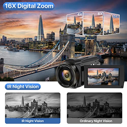 Videocámara 4K Ultra HD 48MP Camara,WiFi IR Visión Nocturna Camara Video,Zoom Digital 16X 3.0 IPS Pantalla Táctil Giratoria De 270 °Youtube cámara con Micrófono,Estabilizador,Control Remotol