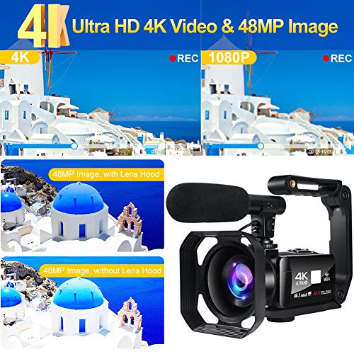 Videocamara Digital 4K Videocámara 48MP Image Camaras Digitales con WiFi Camara de Video con Micrófono, Zoom Digital 18X, Pantalla Táctil de 3"y Control Remoto