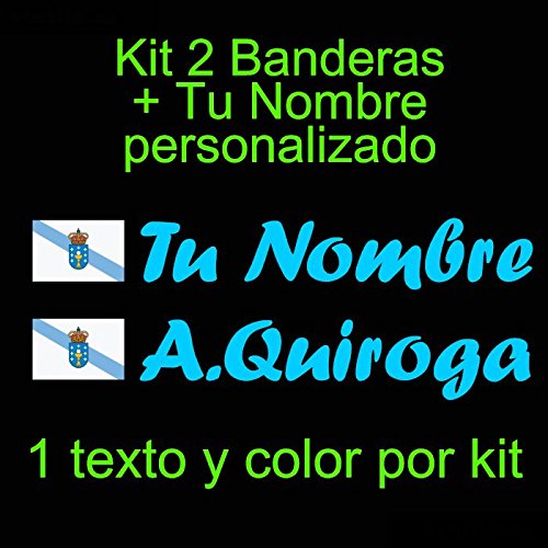 Vinilin - Pegatina Vinilo Bandera Galicia + tu Nombre - Bici, Casco, Pala De Padel, Monopatin, Coche, etc. Kit de Dos Vinilos (Azul Claro)