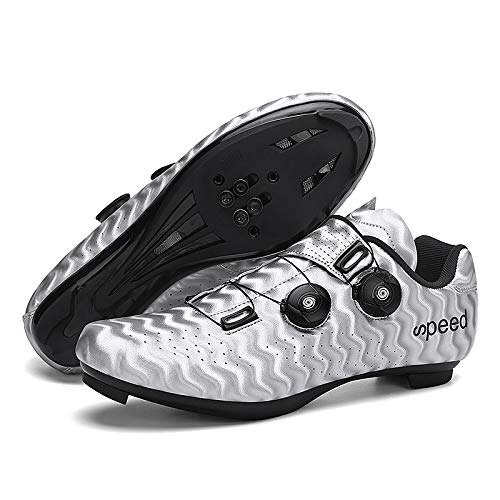 VIPBQO Zapatos de ciclismo para hombre SPD Road Ciclismo, adecuados para competiciones de ciclismo en interiores, zapatos de ciclismo con pedal para hombre, Silver, 42 2/3 EU