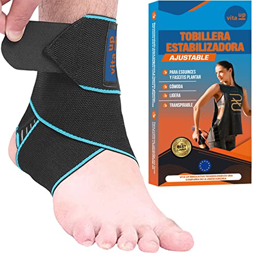 VITA UP | Tobillera Estabilizadora para Esguince y Fascitis Plantar, Protector de Compresión Ajustable y Elástico para el Tobillo, Hombre y Mujer, Deportiva, Correr, Boxeo, Fútbol y Otros (Azul)