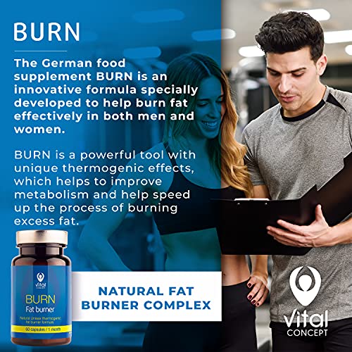 Vital Concept BURN - Sudoración efectiva y pérdida de peso mientras se practica deporte. Natural termogénico fórmula quemador de grasa + Guaraná. Suplemento Para Adelgazar. 60 cápsulas, 30 días.