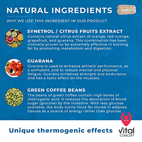 Vital Concept BURN - Sudoración efectiva y pérdida de peso mientras se practica deporte. Natural termogénico fórmula quemador de grasa + Guaraná. Suplemento Para Adelgazar. 60 cápsulas, 30 días.