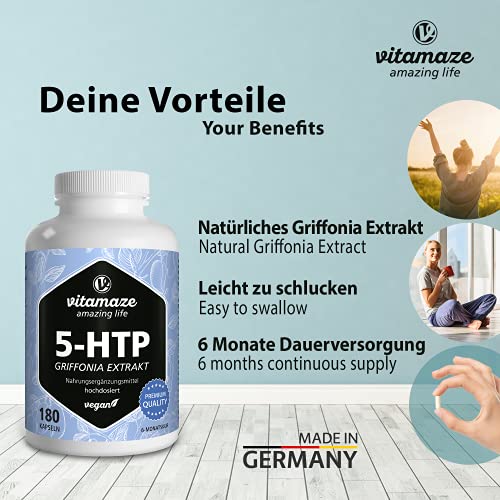 Vitamaze® 5-HTP 200mg Cápsulas de Extracto de Semillas de Griffonia, 180 Cápsulas Vegano por 6 Meses, Naturales Ingrediente Activo Puro de Semillas de Frijol Negro, sin Aditivos Innecesarios