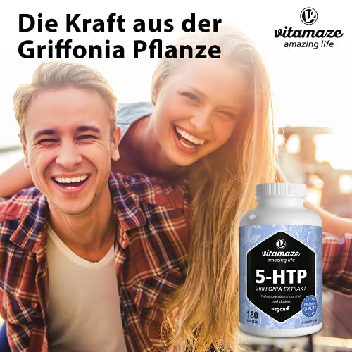 Vitamaze® 5-HTP 200mg Cápsulas de Extracto de Semillas de Griffonia, 180 Cápsulas Vegano por 6 Meses, Naturales Ingrediente Activo Puro de Semillas de Frijol Negro, sin Aditivos Innecesarios