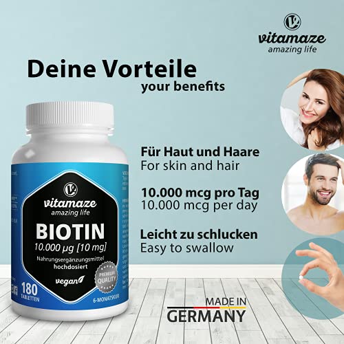 Vitamaze® Biotina 10000 mcg de Alta Dosis y Vegana, 180 Tabletas para 6 Meses, Vitamina B7, 10 mg de Biotina pura para la Piel y el Crecimiento del Cabello, Suplemento sin Aditivos Innecesarios