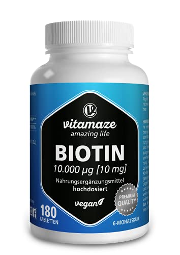 Vitamaze® Biotina 10000 mcg de Alta Dosis y Vegana, 180 Tabletas para 6 Meses, Vitamina B7, 10 mg de Biotina pura para la Piel y el Crecimiento del Cabello, Suplemento sin Aditivos Innecesarios