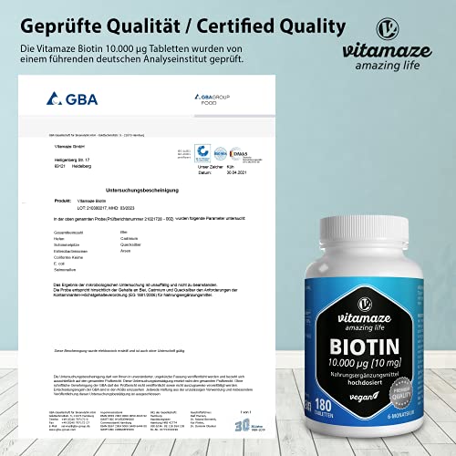 Vitamaze® Biotina 10000 mcg de Alta Dosis y Vegana, 180 Tabletas para 6 Meses, Vitamina B7, 10 mg de Biotina pura para la Piel y el Crecimiento del Cabello, Suplemento sin Aditivos Innecesarios