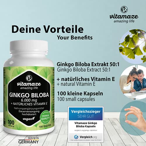 Vitamaze® Ginkgo Biloba Cápsulas 6000 mg de Dosis Alta, Extracto de Gingko Biloba Vegano 50:1, 100 Cápsulas para 100 Días, Suplementos Puro sin Aditivos Innecesarios, Calidad Alemana