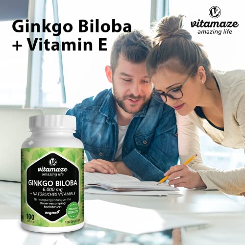 Vitamaze® Ginkgo Biloba Cápsulas 6000 mg de Dosis Alta, Extracto de Gingko Biloba Vegano 50:1, 100 Cápsulas para 100 Días, Suplementos Puro sin Aditivos Innecesarios, Calidad Alemana