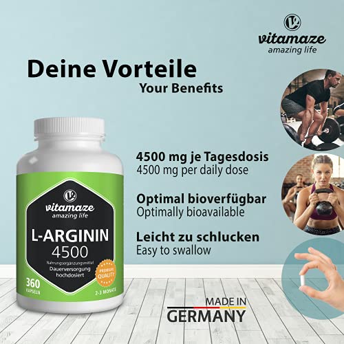 Vitamaze® L-Arginina 4500 mg Altamente Concentrada, 360 Cápsulas, Adecuado para las Personas Alérgicas, Pura Natural L-Arginine HCL sin Aditivos Innecesarios, Calidad Alemana