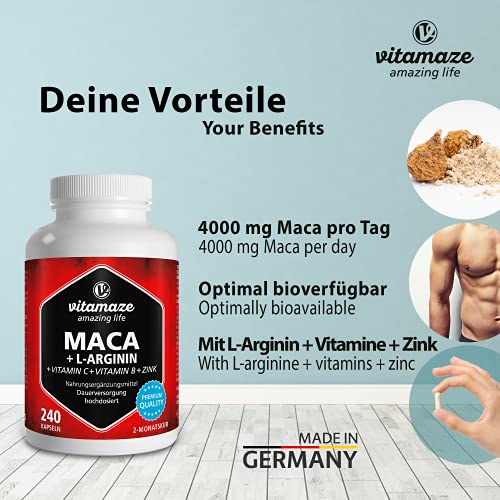 Vitamaze® Maca Pura Cápsulas de Alta Dosis 4000 mg + L-Arginina + Vitaminas + Zinc, 240 Cápsulas por 2 Meses, Maca Peruana de los Andina, sin Aditivos Innecesarios, Calidad Alemana