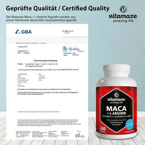 Vitamaze® Maca Pura Cápsulas de Alta Dosis 4000 mg + L-Arginina + Vitaminas + Zinc, 240 Cápsulas por 2 Meses, Maca Peruana de los Andina, sin Aditivos Innecesarios, Calidad Alemana