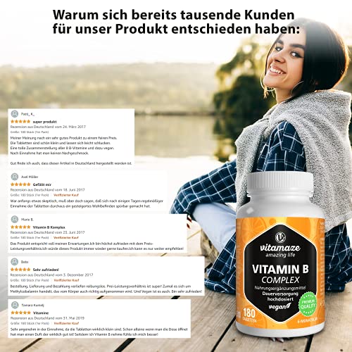 Vitamaze® Vitamina B Complex con 180 Tabletas Veganas de Dosis Alta del para 6 Meses de Suministro B1, B2, B3, B5, B6, B7, B9, B12, Organica Suplemento sin Aditivos Innecesarios, Calidad Alemana