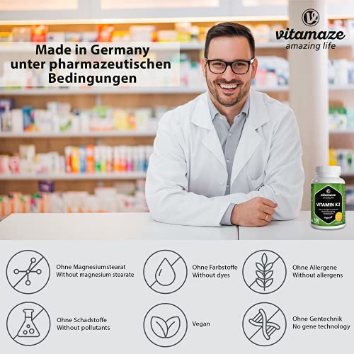 Vitamaze® Vitamina K2 MK-7 200 mcg Altamente Dosificada, Menaquinona, 180 Comprimidos per 6 Meses, Calidad Alemana, Suplementos Alimenticio sin Aditivos Innecesarios