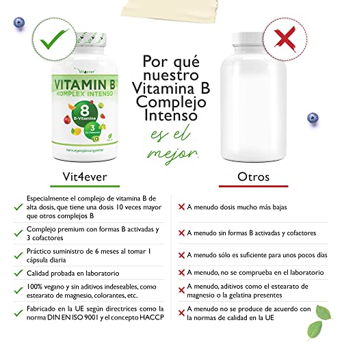 Vitamin B Complex Intenso - 180 cápsulas (6 meses) - Premium: Con formas bioactivas de vitamina B + cofactores - Dosis hasta 10 veces mayor que otros complejos vitamínicos B - Vegano